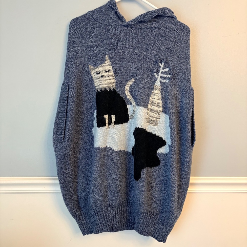 Artka Le Jardin Whimsical Mori Kei Cat Sweater Blue Wool Intarsia Hooded Poncho